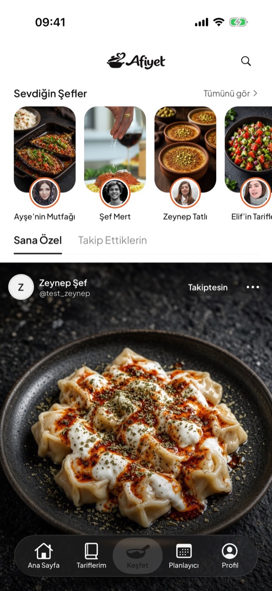 Afiyet Keşfet ekranı: şeflerin paylaştığı tarifler