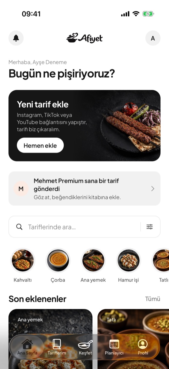 Afiyet ana sayfa: yeni tarif ekle ve son eklenen tarifler