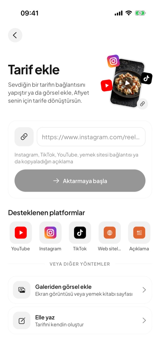 Afiyet tarif ekleme ekranı: bağlantı yapıştırma ve desteklenen platformlar