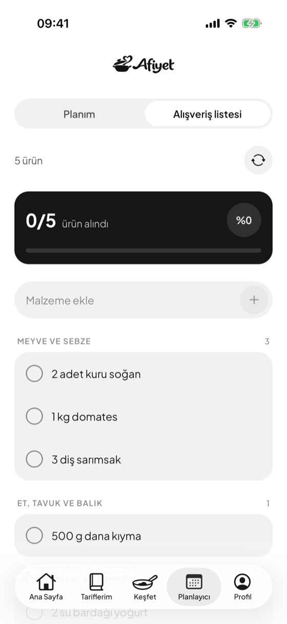 Afiyet alışveriş listesi: reyonlara göre gruplanmış malzemeler