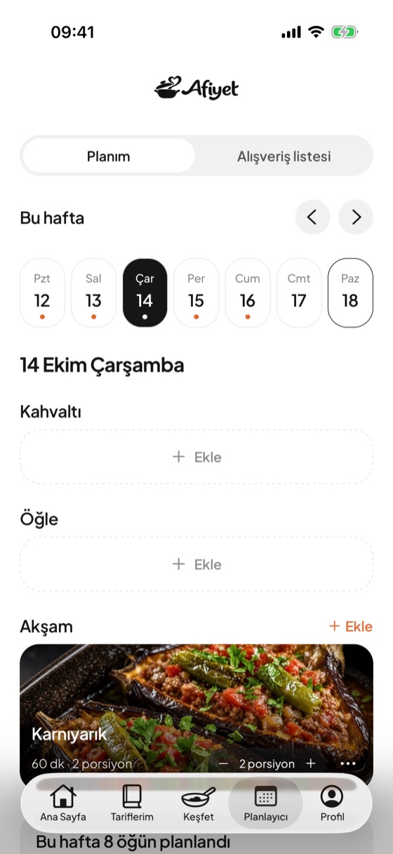 Afiyet haftalık planlayıcı ekranı: gün gün öğün planı